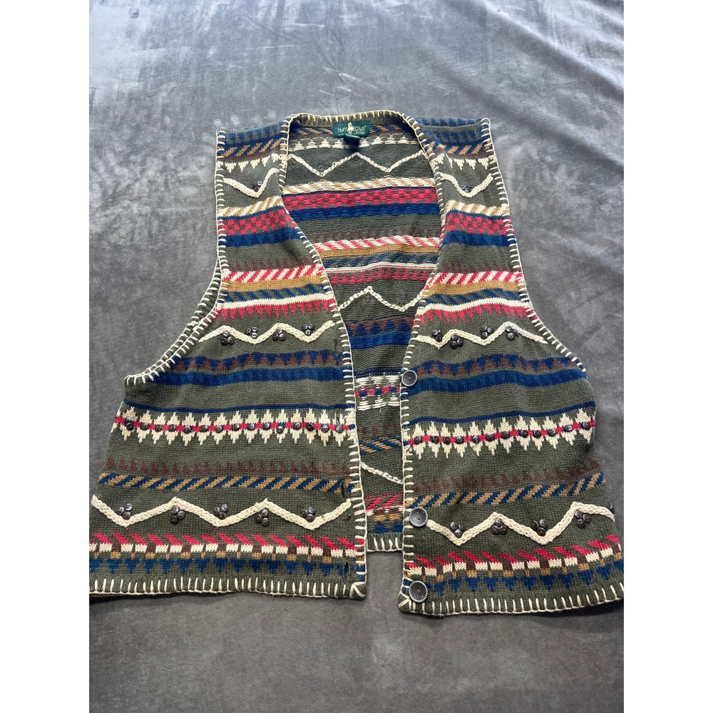 Hunt Club Women's 2X Green Knit Fair Isle Southwestern Vest Beaded Buttons Boho